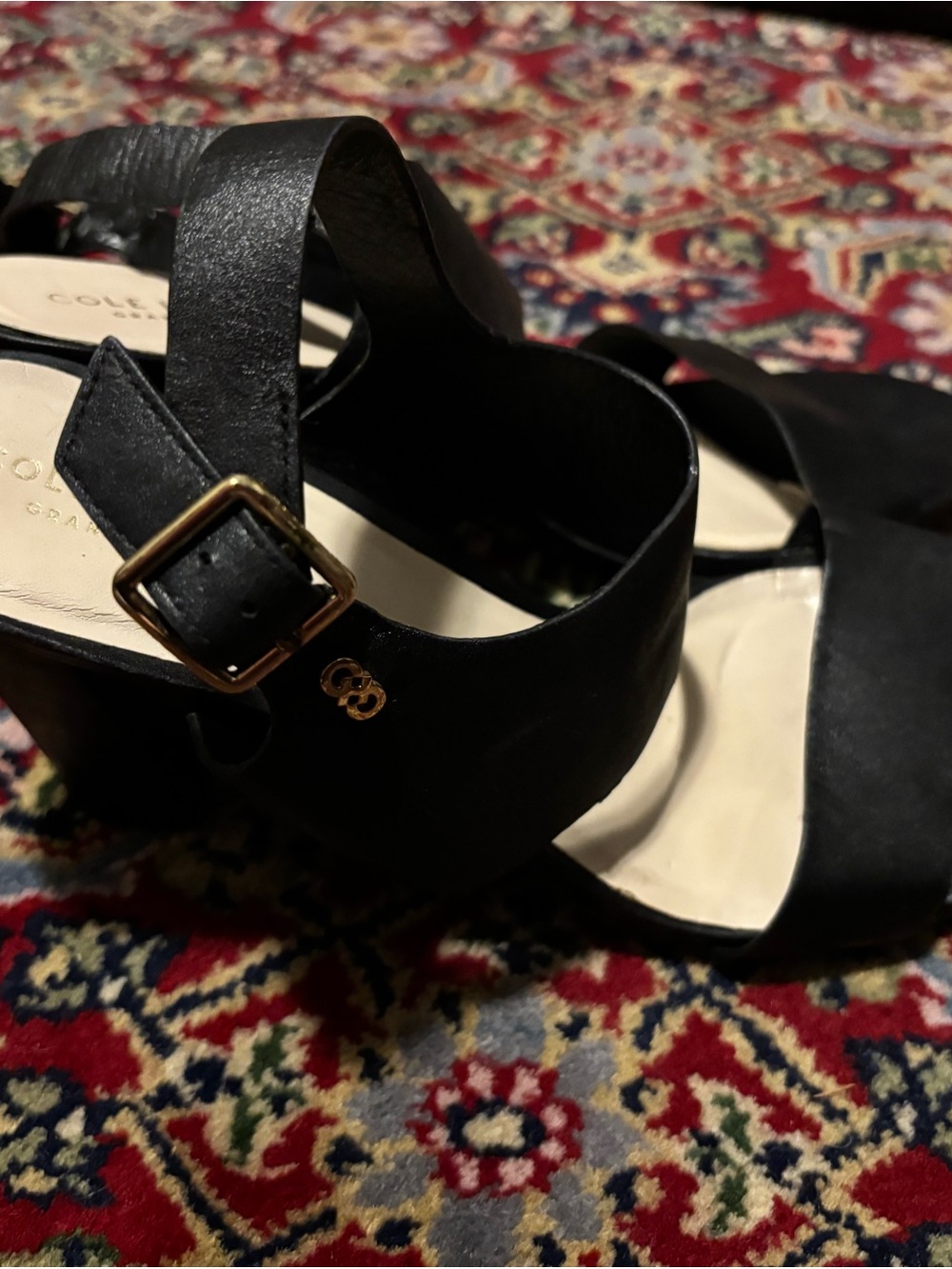 Cole Haan Black Strappy Block Heel Sandals with Gold Buckle